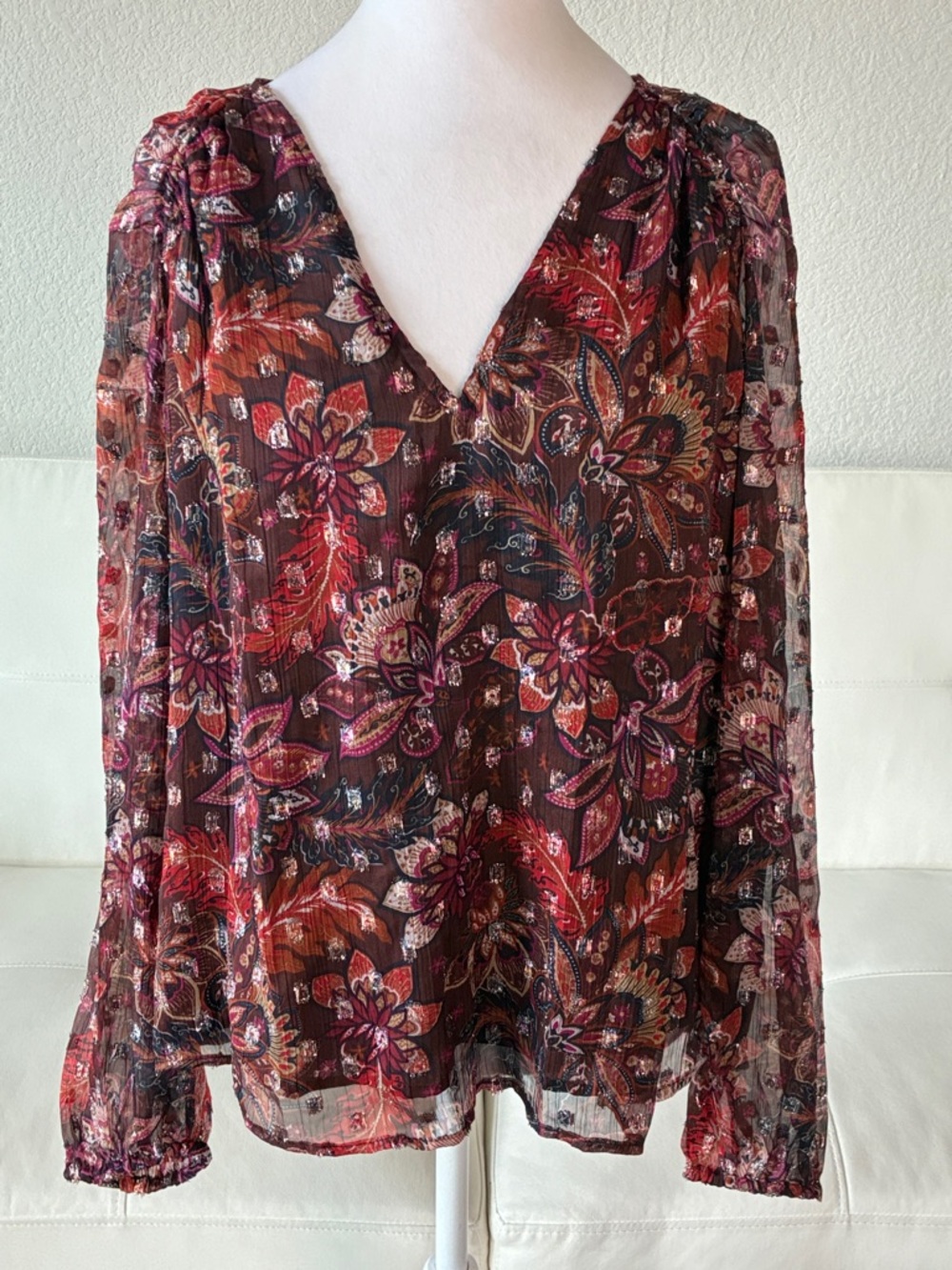 LOFT Women's V-Neck Floral Blouse in Burgundy and Rust Silver Shimmer